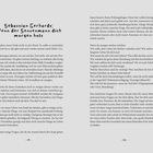 Titel: "Sebastian Gerhardt: Wenn der Sensenmann dich morgen holt". Zwei Fließtexte auf grauem Hintergrund diskutieren Gedanken über das Leben und den Tod. Seitenzahlen 19 und 20.