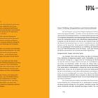 Links auf orangefarbenem Hintergrund stehen mehrere Textabschnitte, beginnend mit Seitenangaben. Rechts in Schwarz-Weiß steht groß "1914 — 1932".