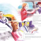Texte über verschiedene Personen und ihre Geschichten, dazu Illustrationen von Fahrgästen in einem Auto.