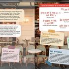 Texte über Cafés und französische Redewendungen, typische Getränke und ein Bild von einem Café mit leeren Tischen.