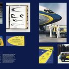Texte: Lufthansa, 1957, Parabolic design 1955–1963, Flugplan, 2202, No 1158379.  
Illustration mit Flugzeug und Designentwürfen, Techniker.