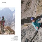 Links: Klettervorbereitung mit Cat.  
Rechts: Lächelnd beim Klettern.  
Berglandschaft mit Kletterern unter sonnigem Himmel.