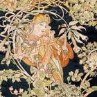 Eine detaillierte, florale Illustration zeigt eine Frau mit langen Haaren, umgeben von blühenden Pflanzen und dekorativen Mustern.