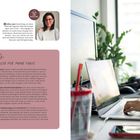 Texte: "Impulse für mehr Fokus", "Lilly Koslowsky", "@stilles_bunt". Frau am Laptop, Hellrosa Textfeld mit Tipps. Büro mit Pflanzen.
