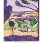 "Kunstkalender 2024. 8" Es zeigt ein farbenfrohes Gemälde mit Bäumen, einer Brücke und einer Stadtlandschaft.