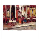 Gemälde einer Straßenszene mit Café, Menschen sitzen an Tischen, warme Farben und impressionistischer Stil.