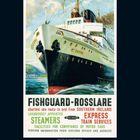 Text: FISHGUARD-ROSSLARE, kürzeste Route nach Südirland, luxuriöse Dampfer, Express-Zugverbindungen. Illustration eines Dampfschiffs.