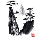 Nummern 8 bis 31 am unteren Rand. Schwarze Tinte: Felsen, Kiefern, Berg, rotes Siegel. Asiatische Malerei.