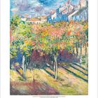 Im unteren Bereich: Kalenderdaten des Monats August. Oben: Impressionistisches Gemälde von Bäumen mit Herbstlaub und Gebäuden.