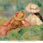 Beschreibung: Kalenderseite August 2023. Gemälde: Zwei Frauen liegen im Gras. Farbenfroh mit Impressionismus-Stil.