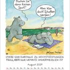 Sprechblasen: „Machen Sie denn keinen Sport?“ „Aber klar doch! Schatten werfen!“ Ein Flusspferd liegt am Strand. August 2027.