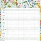 "August" in rosa Schrift, ein Kalender für 2027. Florale Illustration mit bunten Blumen und Schmetterlingen.