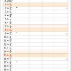 Kalenderblatt für August 2027. Oben ist ein Strand mit Sonnenuntergang und mehreren Strandkörben abgebildet.