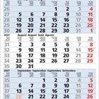 Kalender für 2027: Juli, August, September. Mehrsprachige Wochentage. Wochenenden rot markiert.