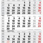 Kalender für Juli bis September 2027. Sonntage in Rot. Feiertage: 1.8. Bundesfeiertag, 15.8. Mariä Himmelfahrt.