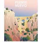 Text: "PUENTE NUEVO RONDA | SPAIN" oben. Illustration einer Brücke über einer tiefen Schlucht mit Wasserfall und Bäumen.
