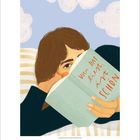 Text: "Wer das liest, ist schön." Illustration: Eine Person liest ein Buch, der Hintergrund zeigt einen Himmel mit Wolken.