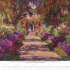 Kalenderseite für August 2024, darunter ein impressionistisches Gemälde mit einem Gartenpfad umgeben von blühenden Sträuchern.