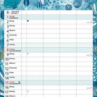 August 2027 Kalender mit Muscheln und Seesternen in blauen und goldenen Tönen illustriert.