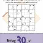 Rätsel mit Gitternetz und Text: "Freitag 30 Juli", "BINOXO". Puzzle-Anleitung, leeres und teils gefülltes Raster.