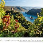 Kalenderblatt mit Zahlen 8 bis 31. Landschaft mit Weinbergen, Fluss, Burg, und Burg im Hintergrund.