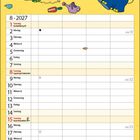 Kalenderblatt für August 2027. Oben ein lachender rosa Hase und ein blauer Elefant am Strand.