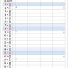 8-2027. Ein Kalenderblatt zeigt August; ein Kätzchen schaut aus einem geflochtenen Korb.