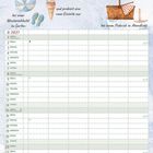 Kalenderseite für August mit Tipps: Urlaubstagebuch führen, Eis probieren, Sternschnuppen suchen, Picknick. Illustrationen: Eis, Picknickkorb.