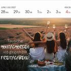 Kalender: 28. Juni bis 4. Juli 2027. Drei Frauen in einem Lavendelfeld stoßen an. Text: "Tausche Montagmorgen gegen Freitagabend!"
