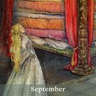 Kalenderblatt für September. Illustration einer Prinzessin vor einem hohen Bett mit vielen Matratzen und roten Vorhängen.