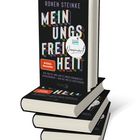 „Ronen Steinke. Meinungsfreiheit. Spiegel Bestseller-Autor.“ Bücherstapel, schwarzes Cover mit buntem Text.