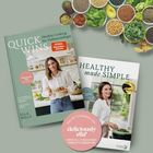 Zwei Kochbuchcover: "Quick Wins" und "Healthy made Simple" mit einer lächelnden Frau beim Kochen. Zutaten im Hintergrund.