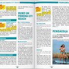 **Rund um Panama City Beach**, dann Beschreibung von Essen, Trinken und Orten: Tipps für den Strand, Einkaufsmöglichkeiten und Aktivitäten. Hinweise auf Sehenswürdigkeiten und Strände in Panama City und Pensacola. Eine Frau paddelt mit einem Hund auf dem Wasser.