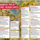 Titel: "MARCO POLO TOP-HIGHLIGHTS". Verschiedene Sehenswürdigkeiten in Bayern, beschrieben mit Tipps und Seitenzahlen. Hintergrund: barocke Deckenmalerei.