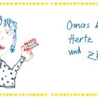"Omas haben ein Herz aus Gold und Zähne aus Plastik." Illustration einer Oma mit goldenem Herz und Gebiss.