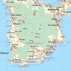 Karte von Ko Samui. Orte: Ban Nathon, Ban Mae Nam, Ban Bang Rak, Ban Chaweng. Sehenswürdigkeiten angegeben.