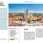 "DAS HERZ KROATIENS" über detailliertem Text zu Zagreb. Rechts davon ein Foto der Stadt mit prominenter Kathedrale.