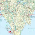 Landkarte von Istrien mit Städten wie Porec, Rovinj, Pula, Labin. Enthält Wanderrouten und regionale Details.
