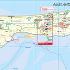 Ameland, Ballumerduinen, Nes, Wandern 2 Nesserbos. Karte mit Wegen, Orten, Wander- und Radwegen entlang der Küste.
