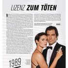 "LIZENZ ZUM TÖTEN" steht oben. Unten: "1989" groß, "Die 28-jährige Carey Lowell spielte die Ex-Kampfpilotin Pam Bouvier". Rechts posieren zwei Personen, einer hält eine Waffe.