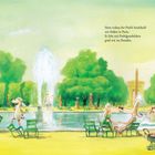 Ein Park mit Pudel-Illustrationen. Pudel sitzen, entspannen und spielen um einen Brunnen, Bäume und Eiffelturm im Hintergrund.