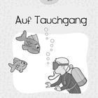 Text: "Finde den richtigen Weg! Auf Tauchgang." Illustration eines Tauchers mit Fischen, umgeben von Zahlen.