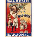 Illustration eines Mannes in weißer Kleidung, umgeben von Kindern und Nudelpackungen. Text: "MACARONI," "BRILLAT-SAVARIN," "BARJON."