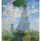 Monet-Gemälde: Frau mit grünem Sonnenschirm und Kind auf Wiese; August-Kalenderblatt darunter.