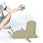 "Präsent bleiben und es dabei bequem haben." Illustration: Ein Mensch streckt die Hand über ein entspanntes, grünes Tier.