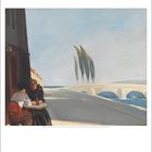 Text: "August"
Illustration: Zwei Personen sitzen draußen an einem Tisch; im Hintergrund eine Brücke und Zypressen.