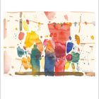 8, Mo, Di, Mi, Do, Fr, Sa, So. Bunte Aquarell-Illustration mit farbigen Formen und Spritzern in Rot, Blau und Gelb.