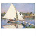 August. Kalenderbild eines Gemäldes: Segelboot auf Fluss, zwei Personen an Bord, ruhiges Wasser, Natur im Hintergrund.