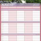 Text: August 2027. Kalender für den Monat August. Bild zeigt einen gepflegten Garten mit Hecken, Blumen und einem Teich.