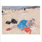 Gemälde von Valerie Seargent, "Der Strand in Scheveningen," zeigt eine Frau in blauem Kleid am Strand lesend. Kalender unten.